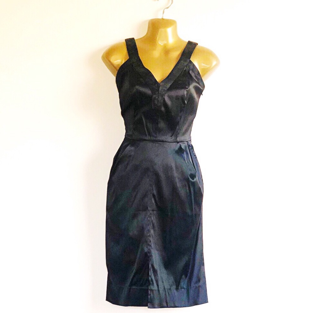 Black Satin Cocktail dress with pockets pencil cut